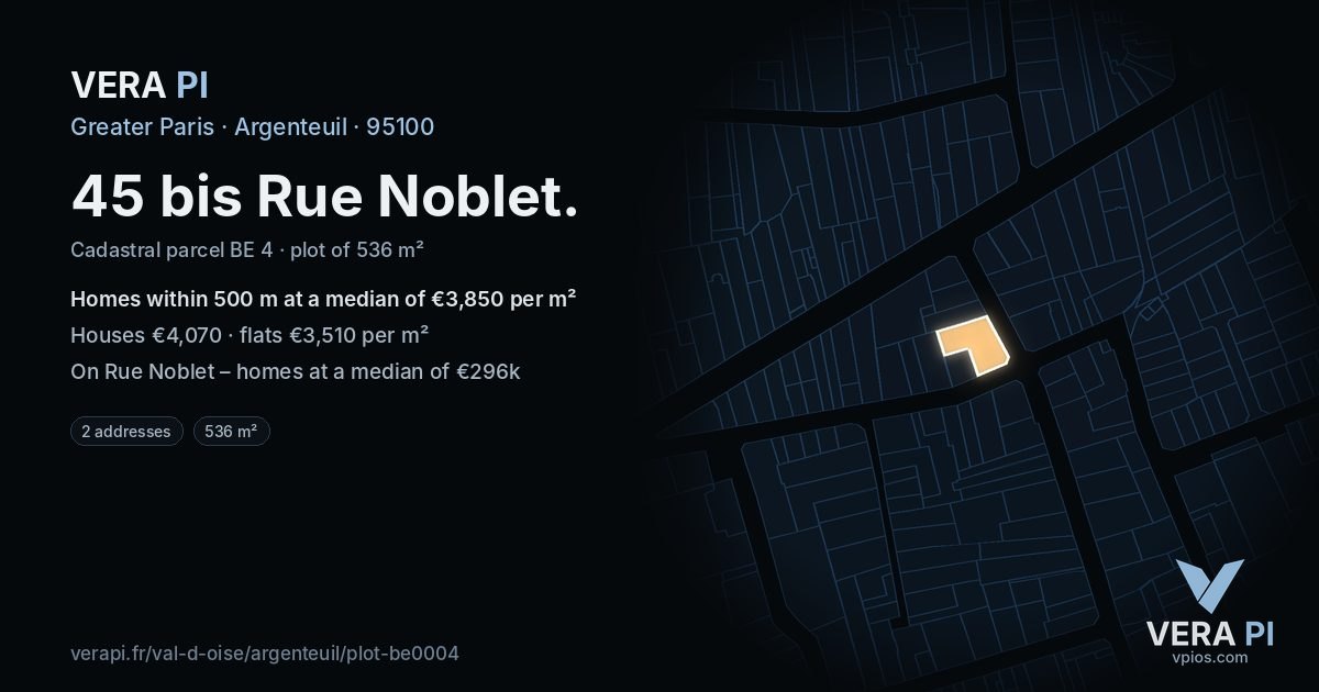 45 bis Rue Noblet, Argenteuil at night – the plot lit, the parcels around coloured by the prices near them