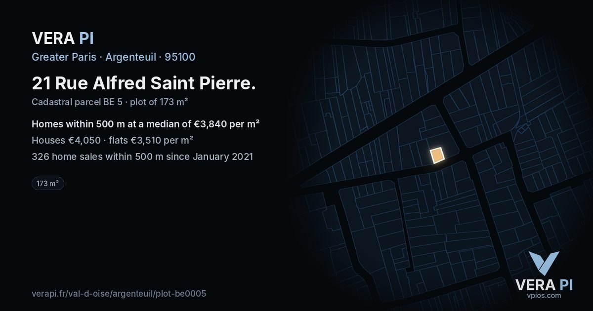 21 Rue Alfred Saint Pierre, Argenteuil at night – the plot lit, the parcels around coloured by the prices near them
