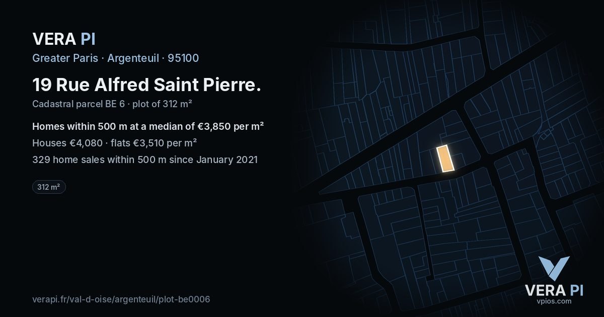 19 Rue Alfred Saint Pierre, Argenteuil at night – the plot lit, the parcels around coloured by the prices near them
