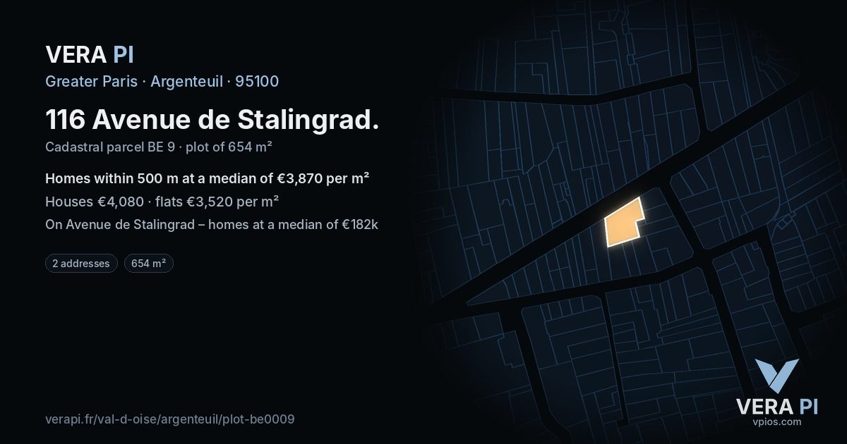 116 Avenue de Stalingrad, Argenteuil at night – the plot lit, the parcels around coloured by the prices near them