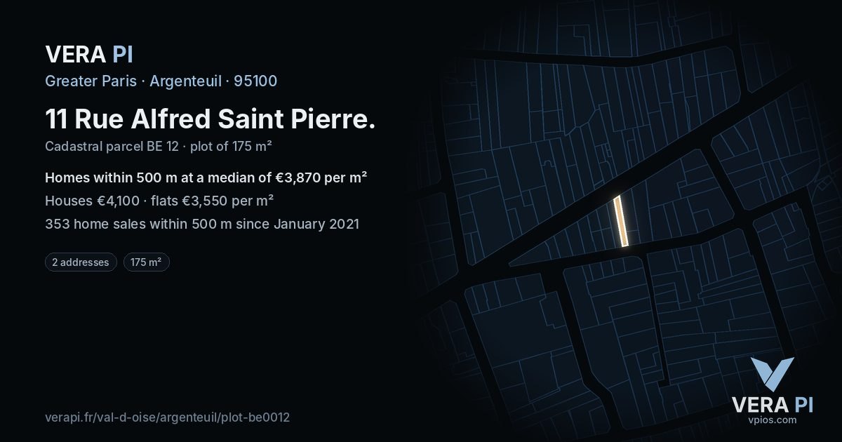 11 Rue Alfred Saint Pierre, Argenteuil at night – the plot lit, the parcels around coloured by the prices near them