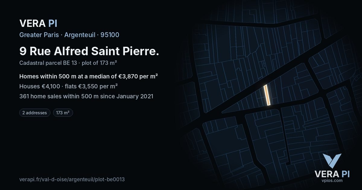 9 Rue Alfred Saint Pierre, Argenteuil at night – the plot lit, the parcels around coloured by the prices near them