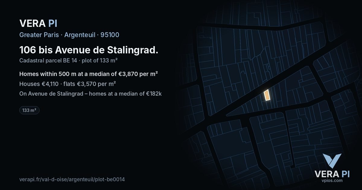 106 bis Avenue de Stalingrad, Argenteuil at night – the plot lit, the parcels around coloured by the prices near them