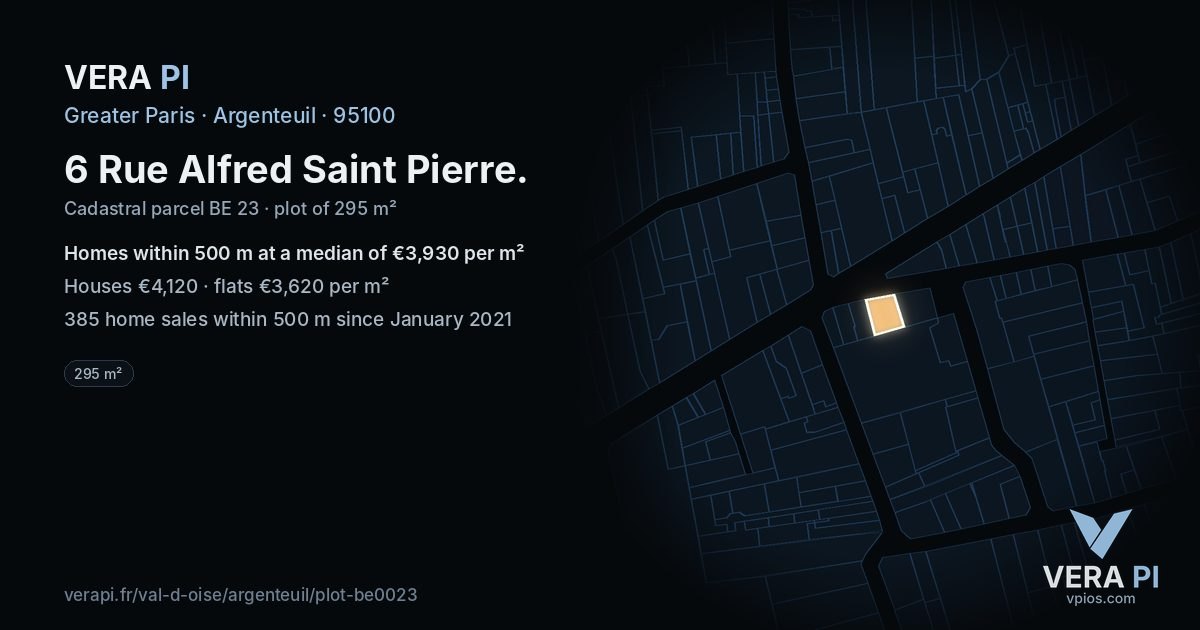6 Rue Alfred Saint Pierre, Argenteuil at night – the plot lit, the parcels around coloured by the prices near them