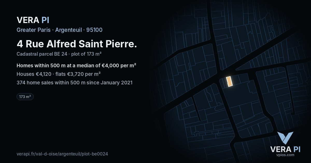 4 Rue Alfred Saint Pierre, Argenteuil at night – the plot lit, the parcels around coloured by the prices near them