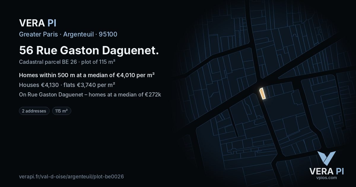 56 Rue Gaston Daguenet, Argenteuil at night – the plot lit, the parcels around coloured by the prices near them