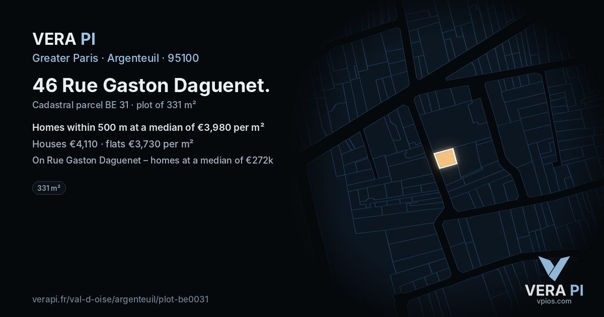 46 Rue Gaston Daguenet, Argenteuil at night – the plot lit, the parcels around coloured by the prices near them