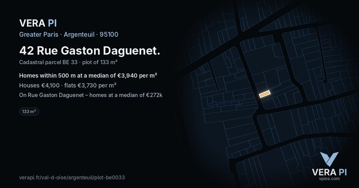 42 Rue Gaston Daguenet, Argenteuil at night – the plot lit, the parcels around coloured by the prices near them