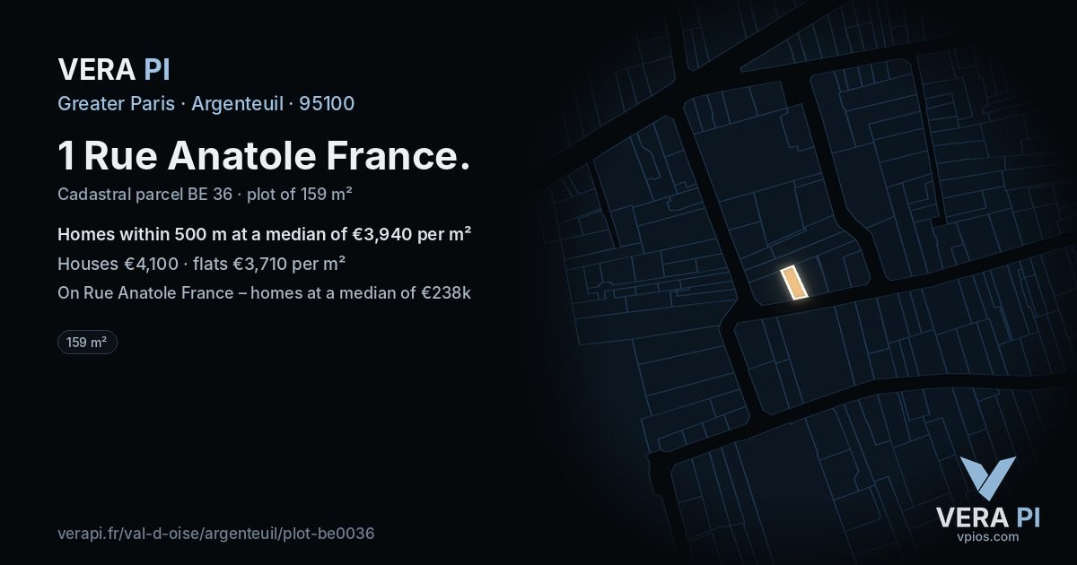 1 Rue Anatole France, Argenteuil at night – the plot lit, the parcels around coloured by the prices near them