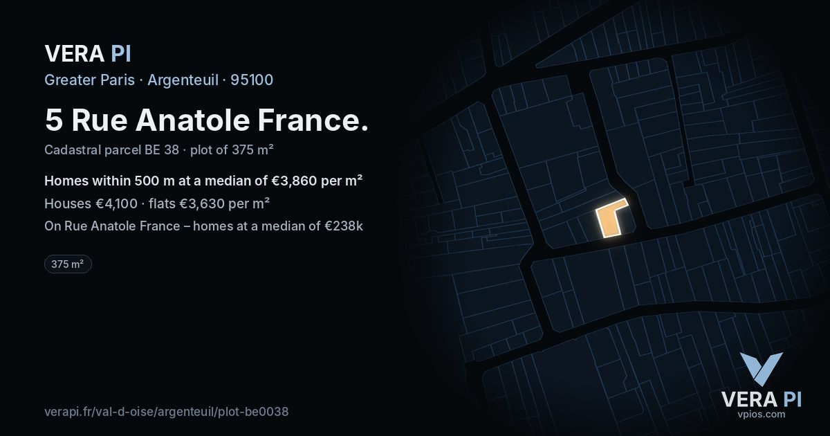 5 Rue Anatole France, Argenteuil at night – the plot lit, the parcels around coloured by the prices near them