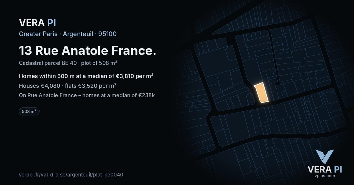 13 Rue Anatole France, Argenteuil at night – the plot lit, the parcels around coloured by the prices near them