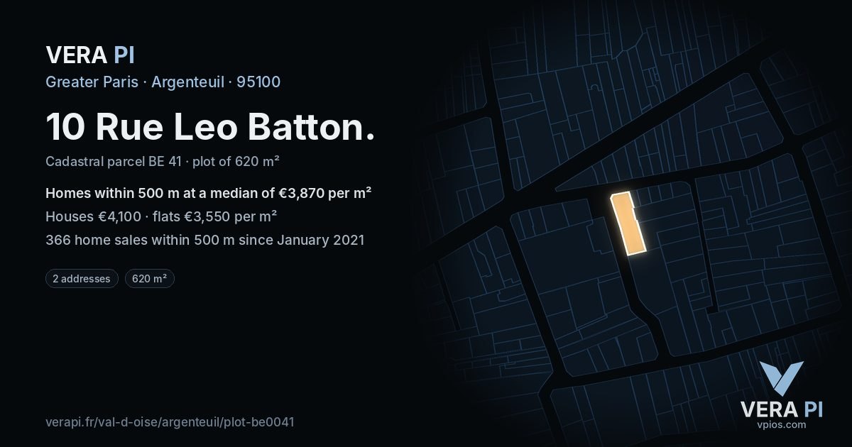 10 Rue Leo Batton, Argenteuil at night – the plot lit, the parcels around coloured by the prices near them