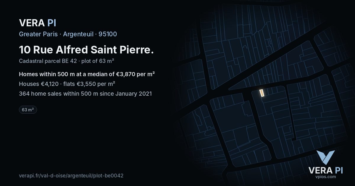 10 Rue Alfred Saint Pierre, Argenteuil at night – the plot lit, the parcels around coloured by the prices near them