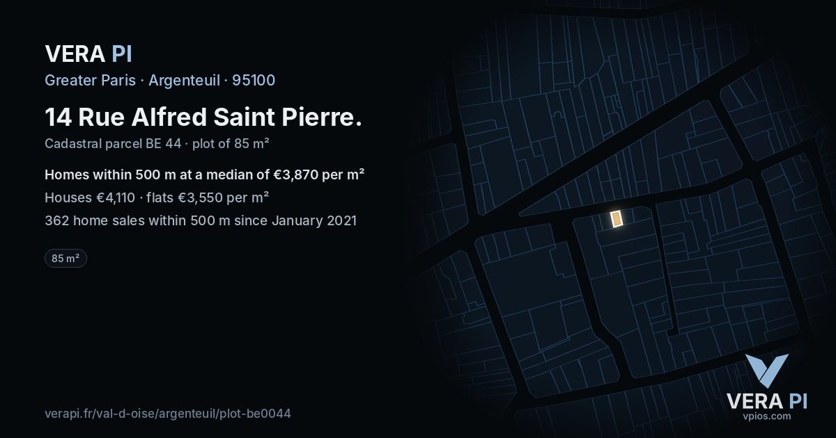 14 Rue Alfred Saint Pierre, Argenteuil at night – the plot lit, the parcels around coloured by the prices near them