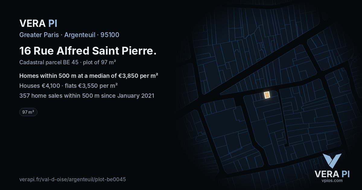 16 Rue Alfred Saint Pierre, Argenteuil at night – the plot lit, the parcels around coloured by the prices near them