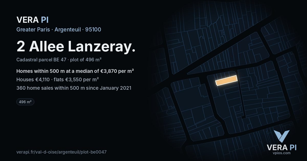 2 Allee Lanzeray, Argenteuil at night – the plot lit, the parcels around coloured by the prices near them