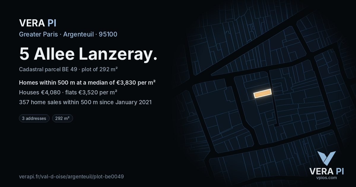 5 Allee Lanzeray, Argenteuil at night – the plot lit, the parcels around coloured by the prices near them