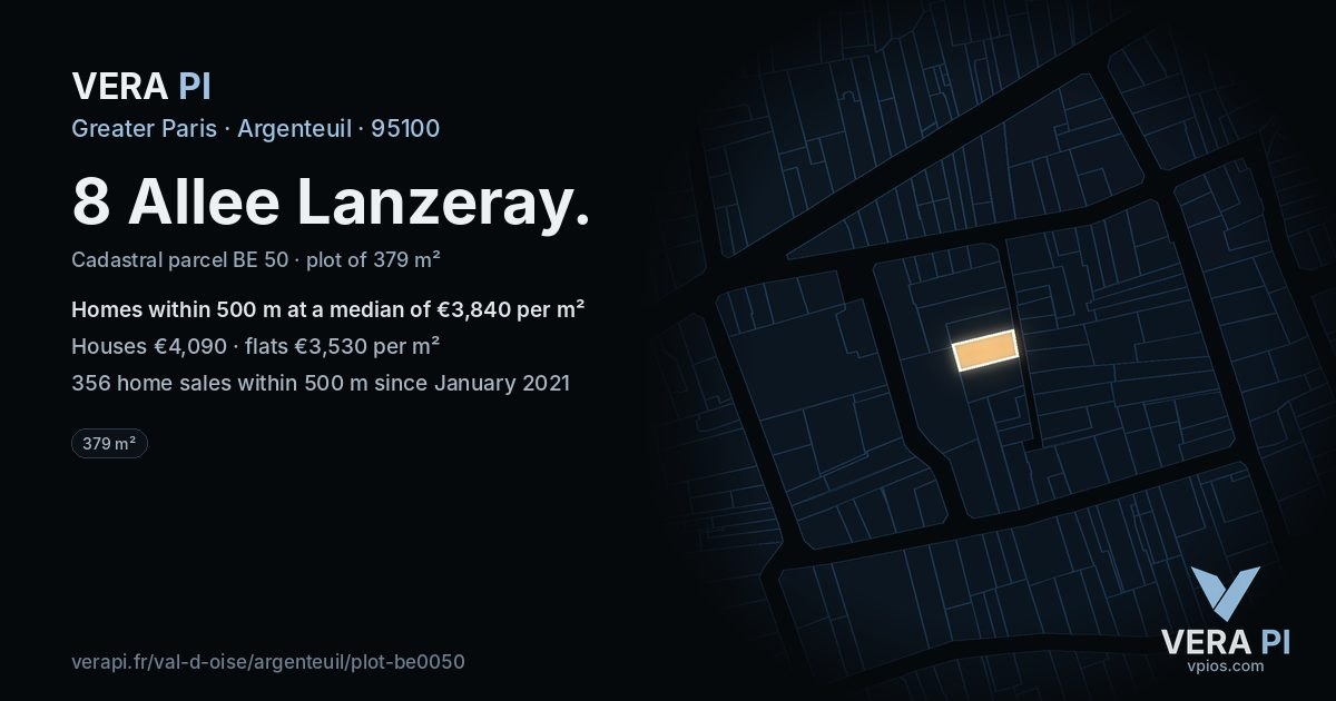8 Allee Lanzeray, Argenteuil at night – the plot lit, the parcels around coloured by the prices near them