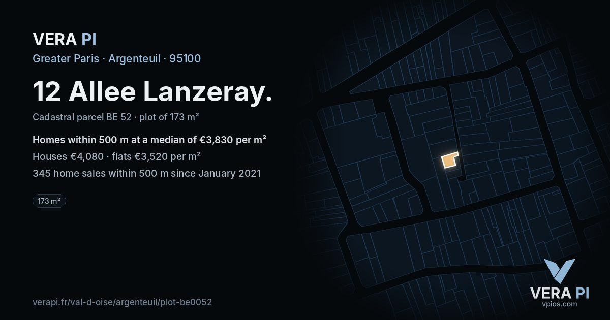 12 Allee Lanzeray, Argenteuil at night – the plot lit, the parcels around coloured by the prices near them