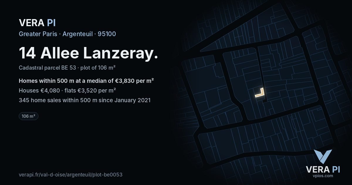 14 Allee Lanzeray, Argenteuil at night – the plot lit, the parcels around coloured by the prices near them