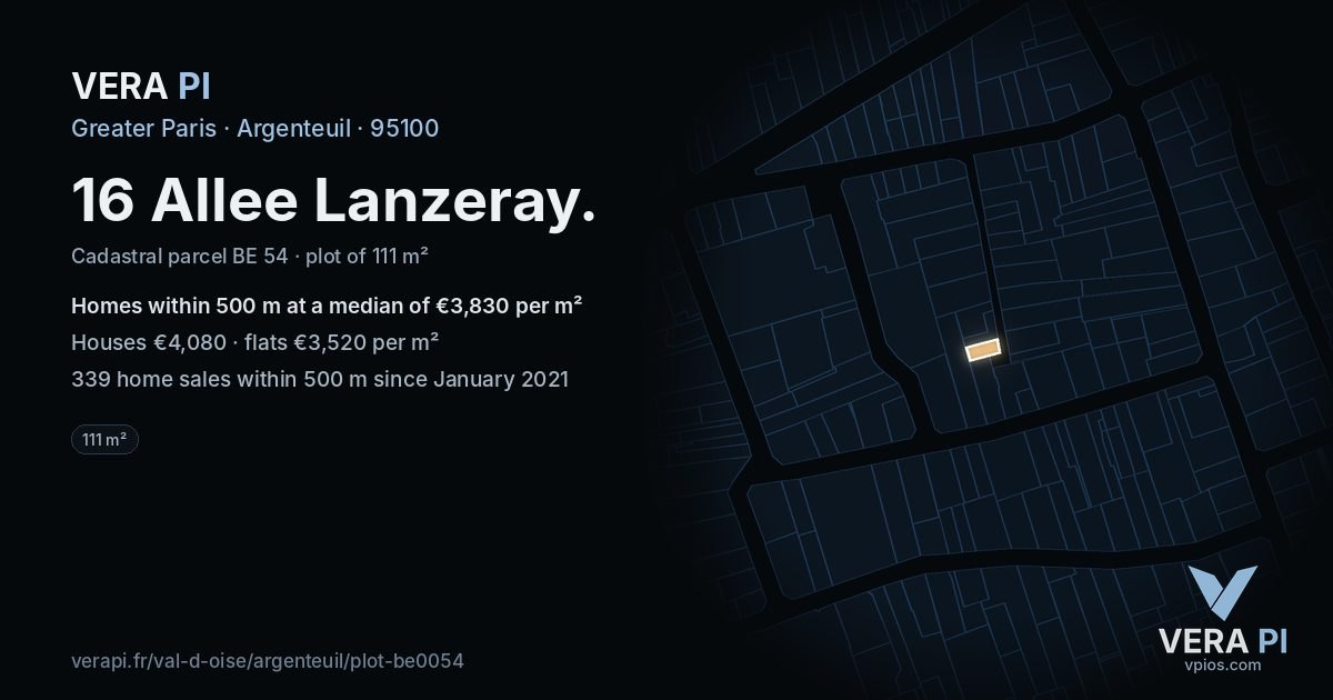 16 Allee Lanzeray, Argenteuil at night – the plot lit, the parcels around coloured by the prices near them