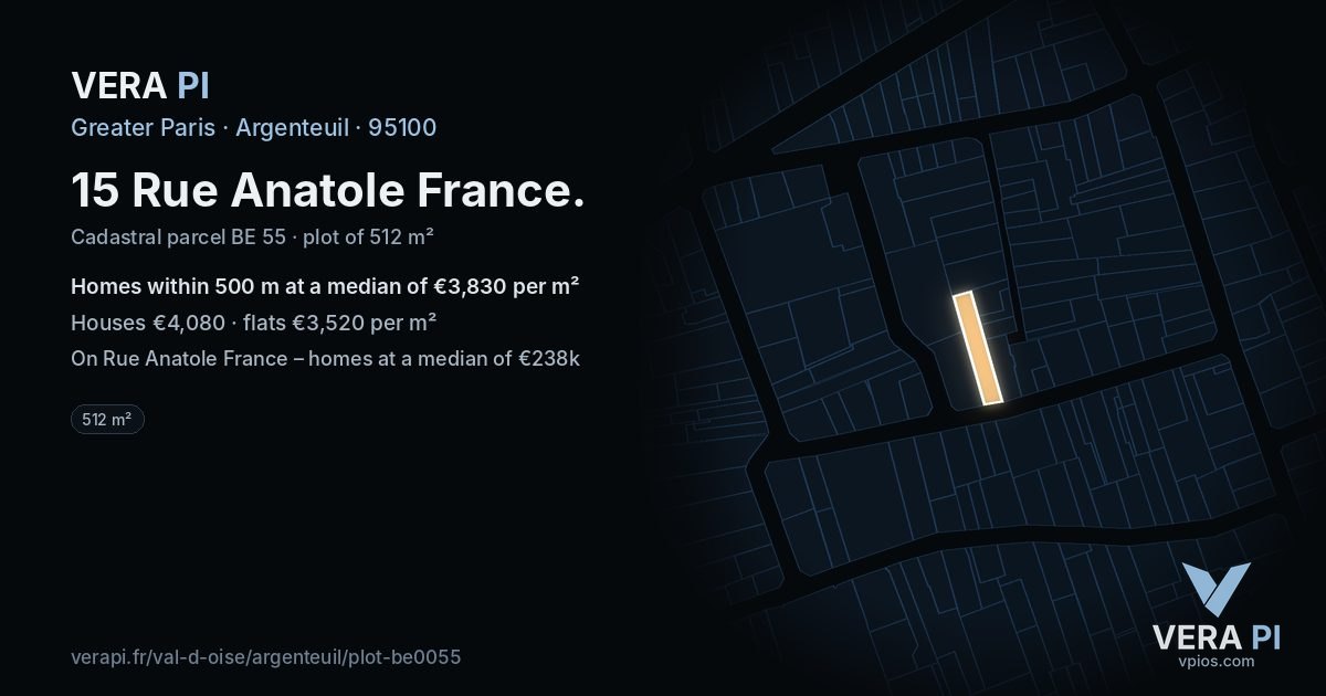 15 Rue Anatole France, Argenteuil at night – the plot lit, the parcels around coloured by the prices near them