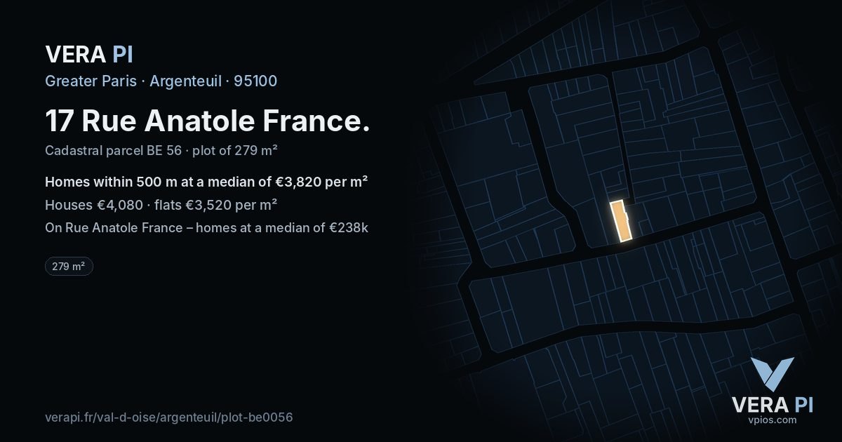 17 Rue Anatole France, Argenteuil at night – the plot lit, the parcels around coloured by the prices near them