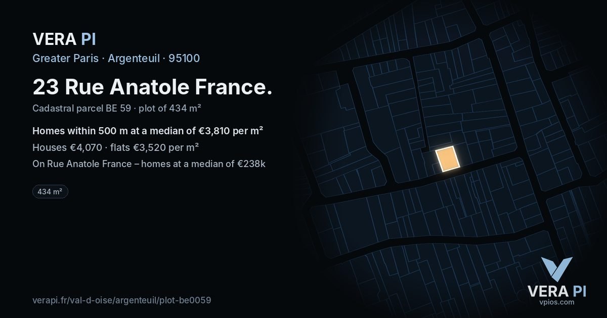23 Rue Anatole France, Argenteuil at night – the plot lit, the parcels around coloured by the prices near them