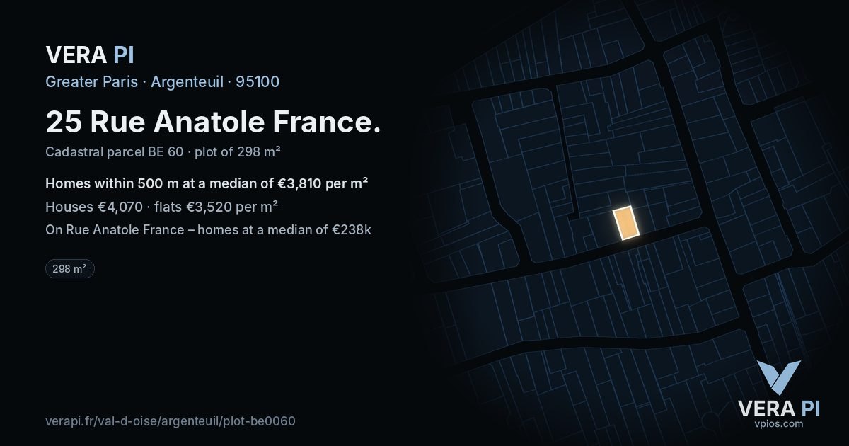 25 Rue Anatole France, Argenteuil at night – the plot lit, the parcels around coloured by the prices near them