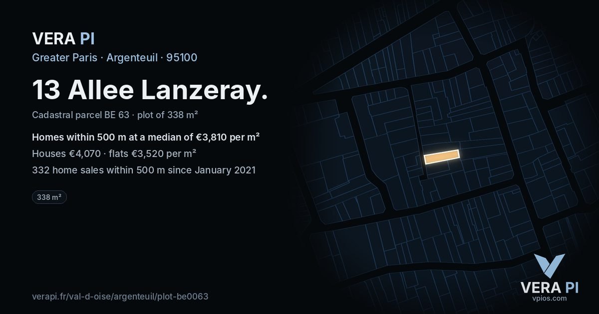 13 Allee Lanzeray, Argenteuil at night – the plot lit, the parcels around coloured by the prices near them