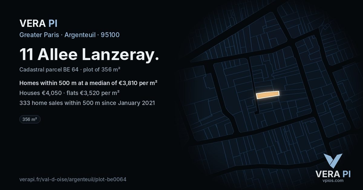 11 Allee Lanzeray, Argenteuil at night – the plot lit, the parcels around coloured by the prices near them