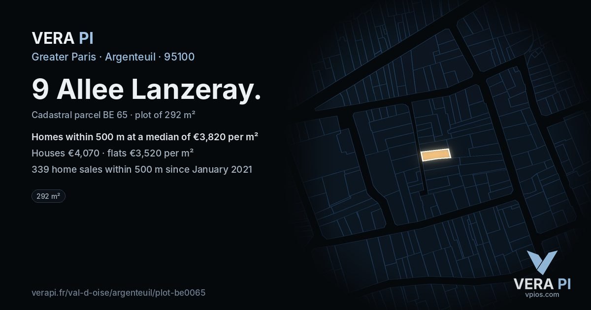 9 Allee Lanzeray, Argenteuil at night – the plot lit, the parcels around coloured by the prices near them