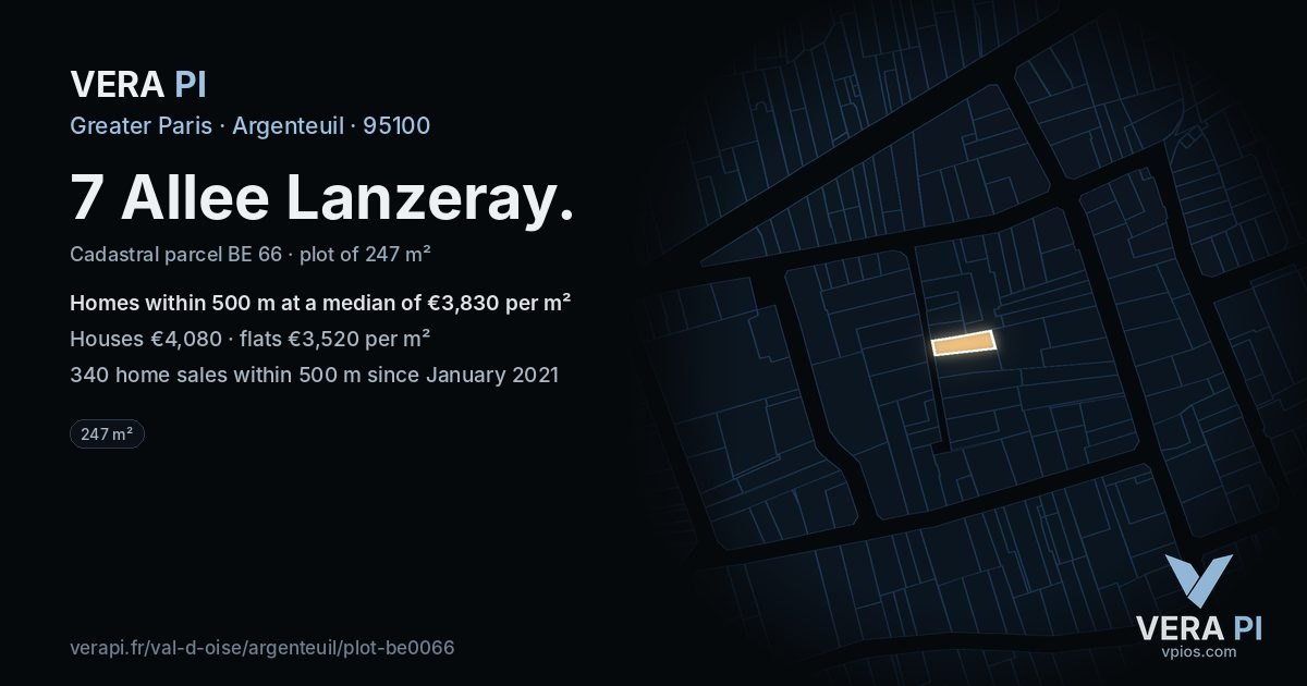 7 Allee Lanzeray, Argenteuil at night – the plot lit, the parcels around coloured by the prices near them