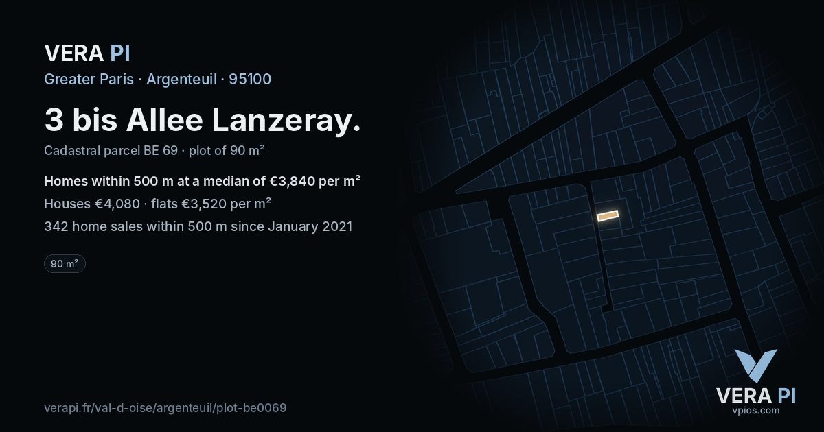 3 bis Allee Lanzeray, Argenteuil at night – the plot lit, the parcels around coloured by the prices near them