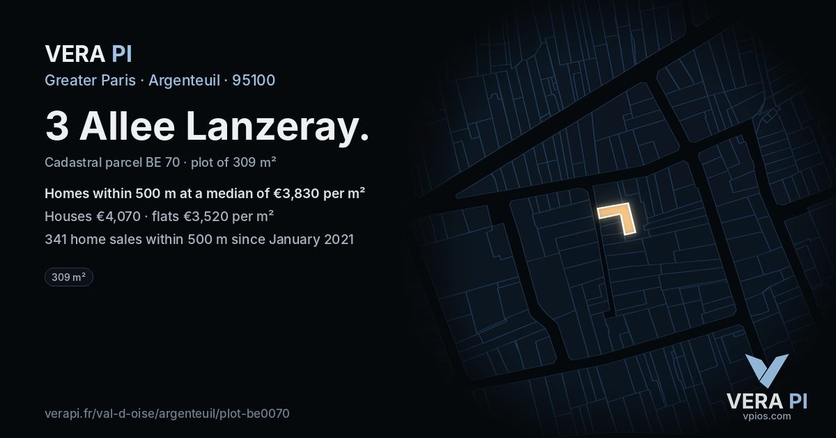 3 Allee Lanzeray, Argenteuil at night – the plot lit, the parcels around coloured by the prices near them