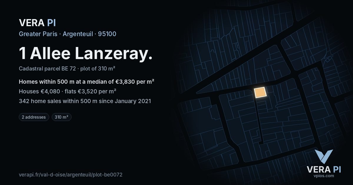 1 Allee Lanzeray, Argenteuil at night – the plot lit, the parcels around coloured by the prices near them