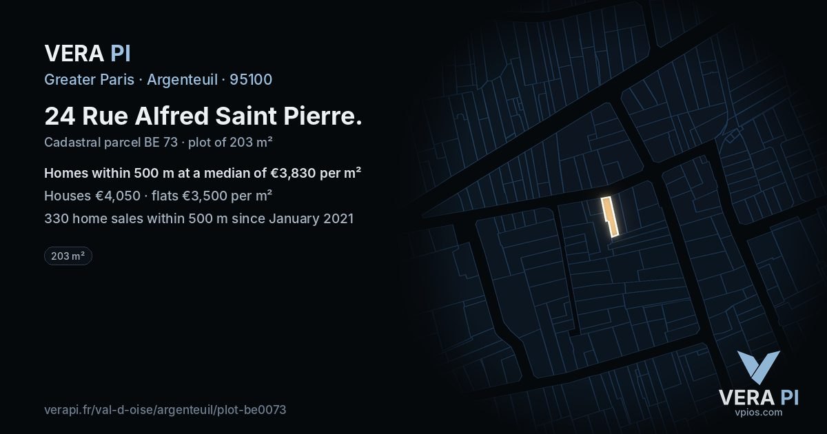 24 Rue Alfred Saint Pierre, Argenteuil at night – the plot lit, the parcels around coloured by the prices near them