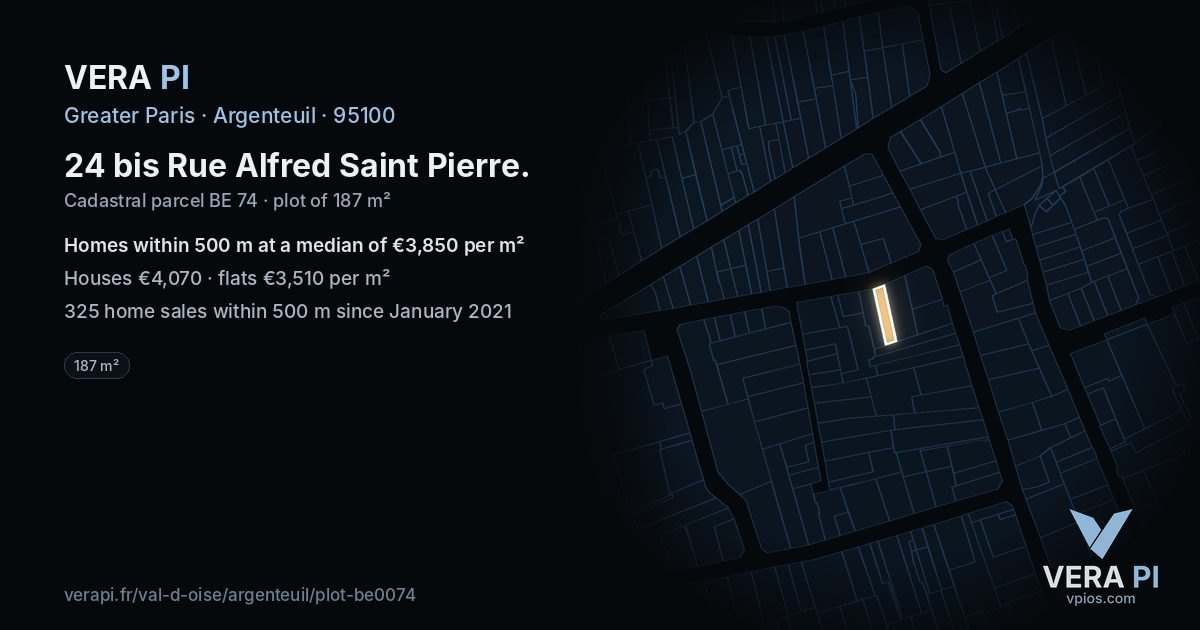 24 bis Rue Alfred Saint Pierre, Argenteuil at night – the plot lit, the parcels around coloured by the prices near them