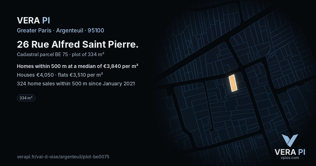26 Rue Alfred Saint Pierre, Argenteuil at night – the plot lit, the parcels around coloured by the prices near them