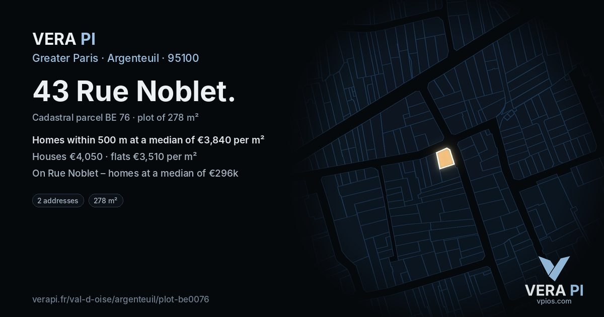 43 Rue Noblet, Argenteuil at night – the plot lit, the parcels around coloured by the prices near them