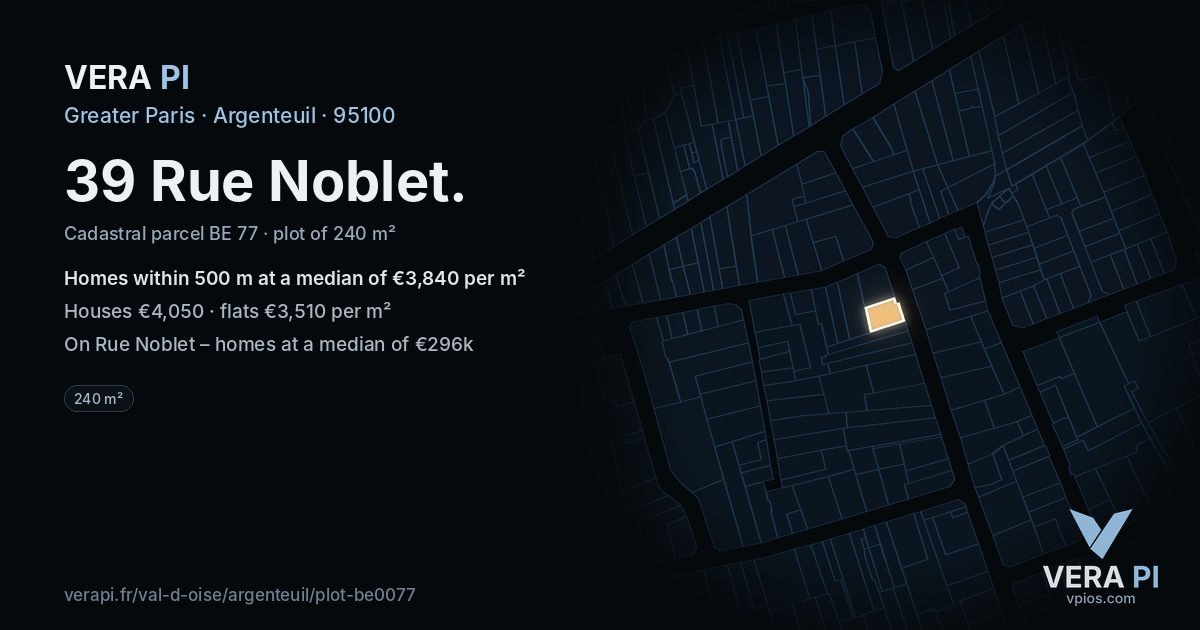 39 Rue Noblet, Argenteuil at night – the plot lit, the parcels around coloured by the prices near them