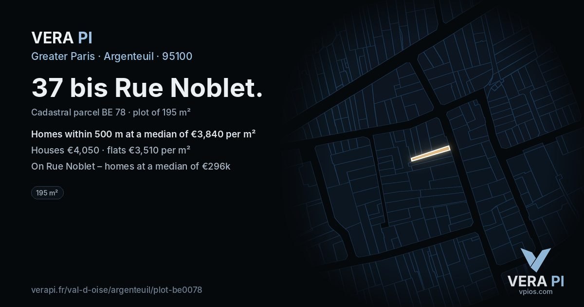 37 bis Rue Noblet, Argenteuil at night – the plot lit, the parcels around coloured by the prices near them
