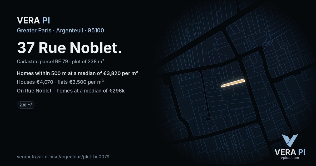 37 Rue Noblet, Argenteuil at night – the plot lit, the parcels around coloured by the prices near them