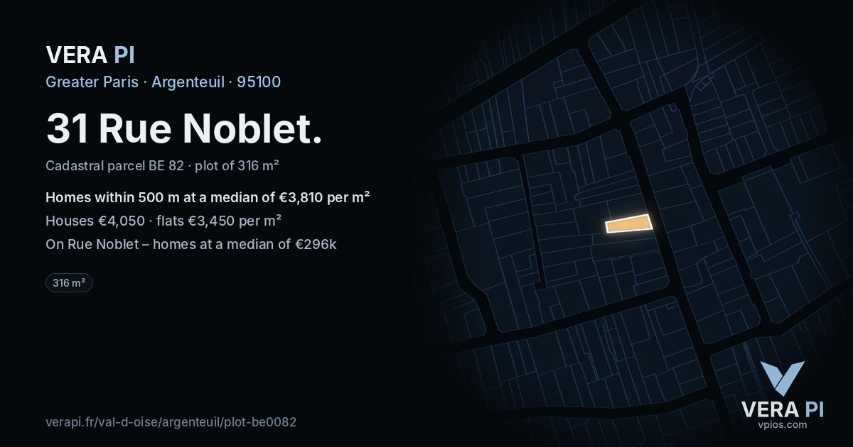31 Rue Noblet, Argenteuil at night – the plot lit, the parcels around coloured by the prices near them