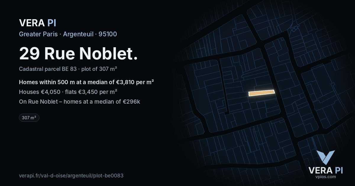 29 Rue Noblet, Argenteuil at night – the plot lit, the parcels around coloured by the prices near them