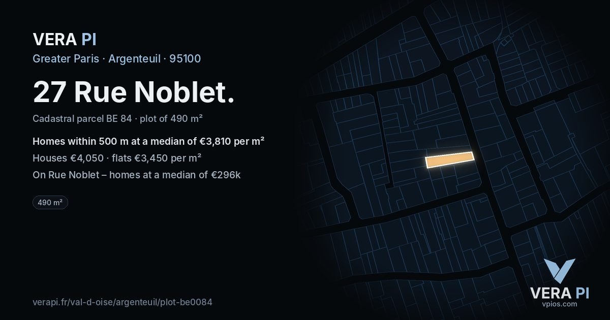 27 Rue Noblet, Argenteuil at night – the plot lit, the parcels around coloured by the prices near them