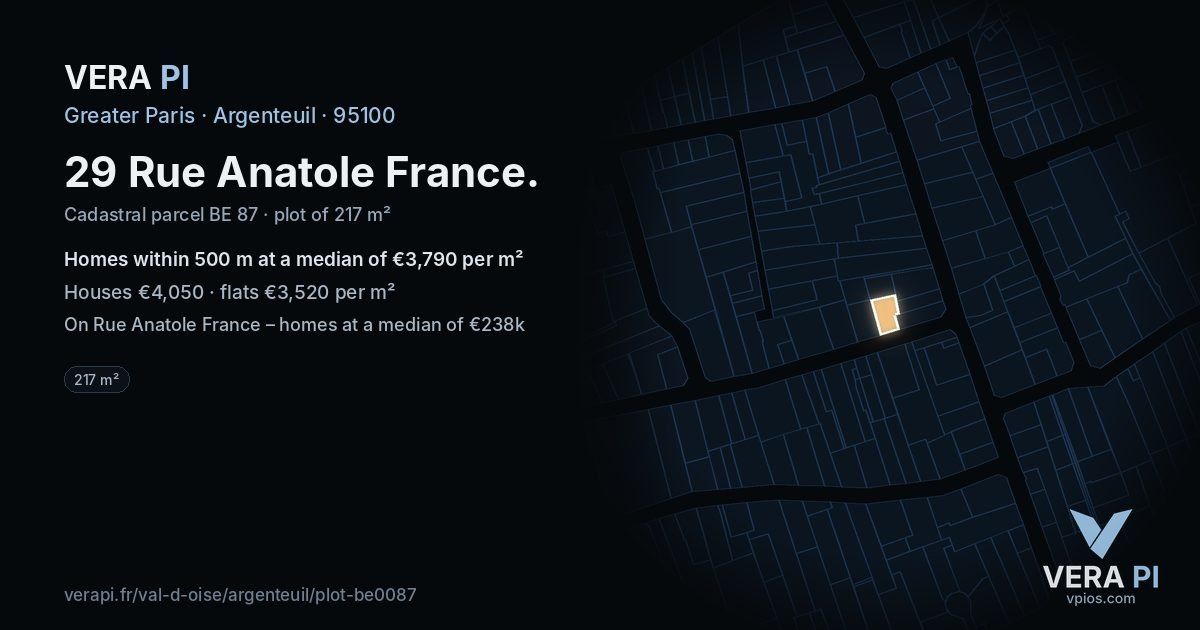 29 Rue Anatole France, Argenteuil at night – the plot lit, the parcels around coloured by the prices near them