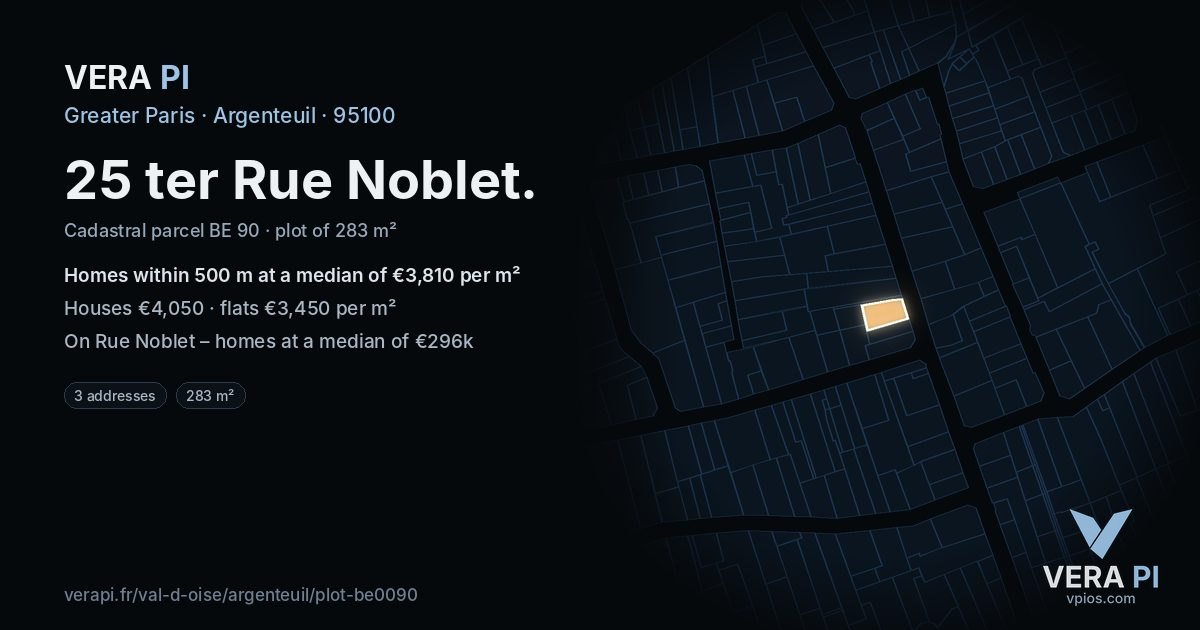 25 ter Rue Noblet, Argenteuil at night – the plot lit, the parcels around coloured by the prices near them