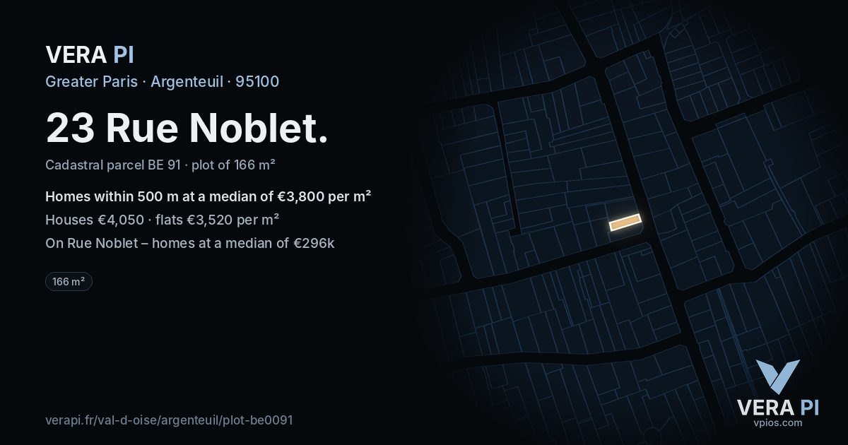 23 Rue Noblet, Argenteuil at night – the plot lit, the parcels around coloured by the prices near them
