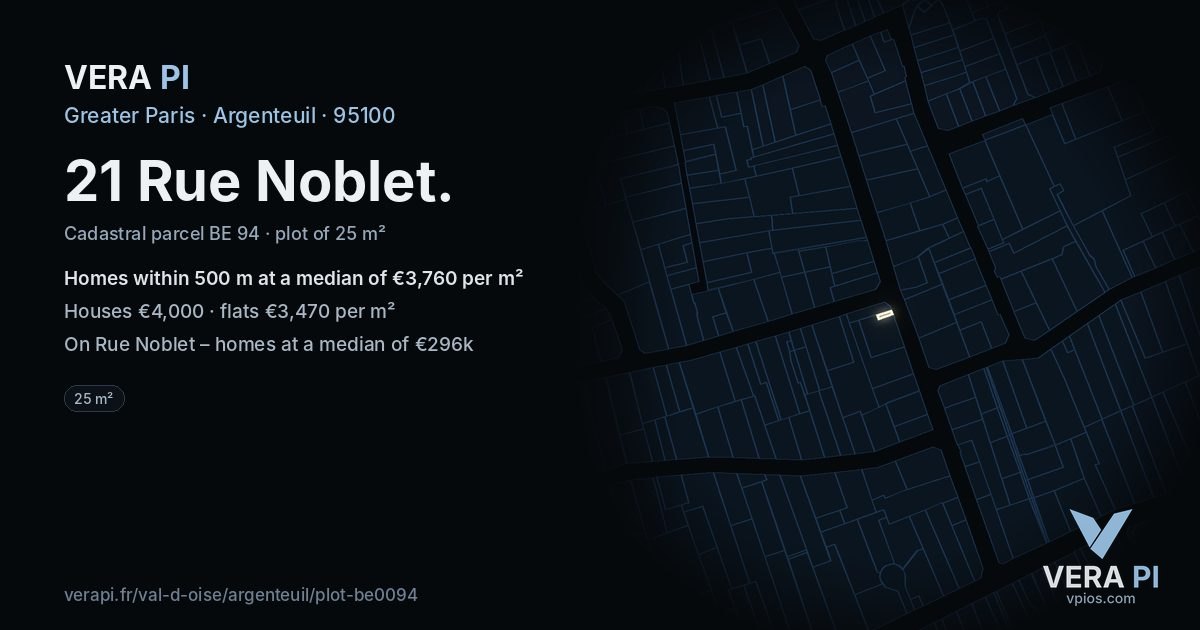 21 Rue Noblet, Argenteuil at night – the plot lit, the parcels around coloured by the prices near them